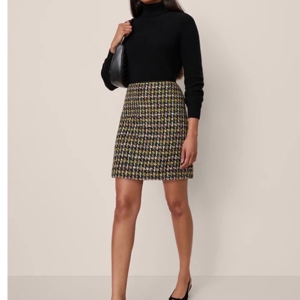 Ann Taylor Petite Tweed Mini Skirt Navy Yellow Plaid A-Line 2P 0684002